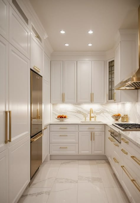 27 Breathtaking White Kitchen Cabinets: Ideas to Brighten Your Space with Timeless Elegance 6 White Kitchen Classic Design, Cream White Gold Kitchen, White Gray Gold Kitchen, Kitchen Remodel White And Gold, Kitchen Ideas Gold Hardware, Transitional Style Kitchen Cabinets, Modern White And Gold Kitchen, White And Gold Small Kitchen, White And Gold Kitchen Cabinets