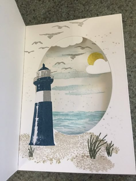 Inside Shadow Box Card Sea Cards, Shadow Box Cards Tutorial, Shadow Box Cards, Sea Cards Ideas, Lighthouse Cards, Lighthouse Cards Handmade, Ocean Themed Handmade Cards, 3d Shadow Box Cricut Ocean, 3d Layered Paper Art Sea