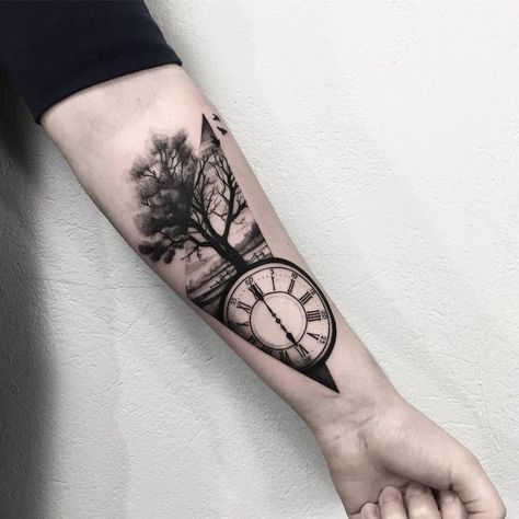 Pine Tree Tattoo Designs, Tree Sleeve Tattoo, Pine Tattoo, Tattoo Tree, Pine Tree Tattoo, Tattoos For Women Half Sleeve, Tree Tattoo Designs, Clock Tattoo, E Tattoo