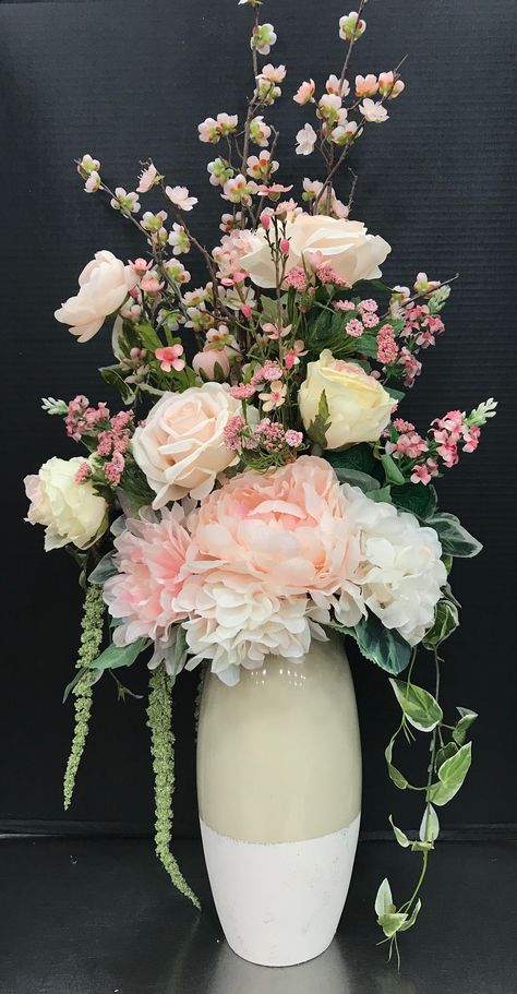 Blush Pink Tall Arrangement by Andrea Rounded Flower Arrangements, Vertical Arrangement Flower, Tall Flowers Arrangements, Tall Pink Floral Arrangements, Inexpensive Floral Arrangements, Large Artificial Flower Arrangements, Vertical Flower Arrangement, Artificial Flower Arrangements For Table, Rose Vase Arrangement