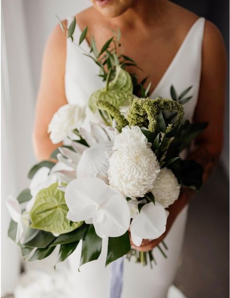 Paris’ bouquet request ~ tropical vibes, white king protea and a white phaly orchid 🤍 Captured perfectly by @_willandco_ at Robe, SA _____________________ info@ateliercreativeau.com ateliercreativeau.com * * * #customsignage #weddinginvites #weddinginvitationideas #weddingflowers #weddingdesign #weddingstylist #weddingflowersau #customdesign #bespokeflorals #weddingdaydetails #weddingsignage #weddingstationery #eventflorals #floraldesigner #weddingcreative #invitations #weddingstationer #f... White Protea Bouquet Wedding, White Protea Bouquet, White Tropical Bouquet, Protea Bouquet Wedding, White King Protea, White Protea, White Tropical Flowers, Protea Bouquet, King Protea