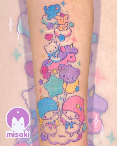 🌙ミサキ/Misaki✨ on Instagram: “☁️Little Twin Stars & friends☁️ . Sorry for the awkward photo but it was too long to get in one shot!” Twin Tattoos, Sanrio Aesthetic, Hello Kitty Tattoos, Kawaii Tattoo, Tattoo Photography, Cute Little Tattoos, Cards For Boyfriend, Baby Tattoos, Dream Tattoos