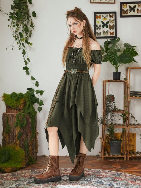 ROMWE Fairycore Off Shoulder Asymmetrical Hem Dress Without BeltI discovered amazing products on SHEIN.com, come check them out! Ren Faire Outfits, Dress Medieval, Ren Faire Costume, Fair Outfits, Fest Outfits, Asymmetrical Hem Dress, Medieval Dress, Fern Green, Fairy Costume