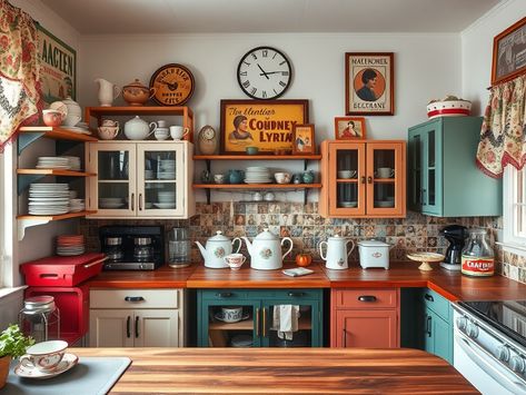 Colorful retro kitchen with bold pastel cabinets, checkerboard floors, and chrome accents, showcasing vintage-inspired decor and timeless charm. 1970s Kitchen Aesthetic, 90s Kitchen Aesthetic, Retro Home Decor 1950s, Diner Themed Kitchen, Retro Kitchen Ideas Vintage, 1950s Farmhouse Kitchen, Retro Kitchen Ideas, 1940 Kitchen, Modern Retro Kitchen