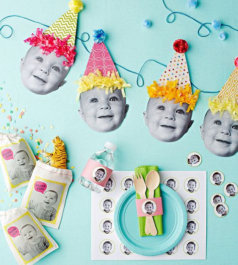 Use your favorite pictures of your baby to create these too-cute party decorations for their first #birthday! Banner Ideas, Baby 1st Birthday, Baby Birthday Party, Baby First Birthday, Baby Party, Birthday Fun, Baby Birthday, 1st Birthday Parties, Birthday Theme