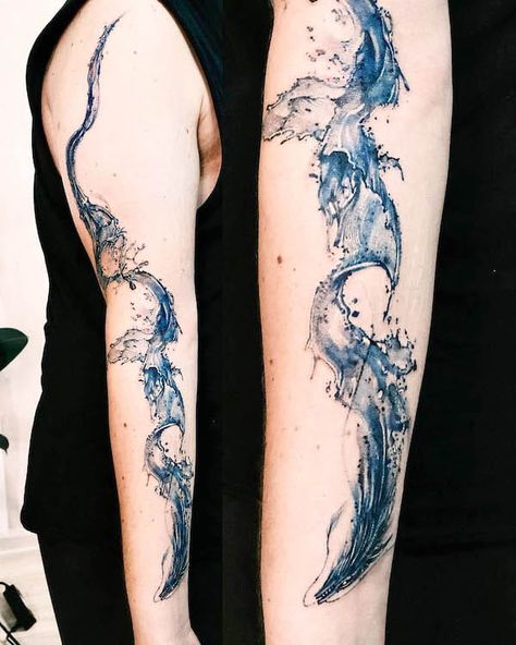 Water Back Tattoo Women, Black And White Water Tattoo, Tattoo Waves Japanese, Ink In Water Tattoo, Water Dragon Tattoo For Women, Water Band Tattoo, Water Back Tattoo, Flowing Water Tattoo, Ocean Water Tattoo