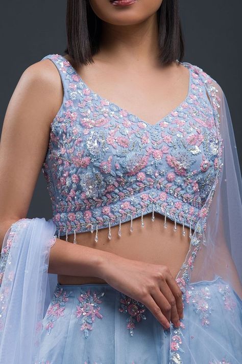 Crop Top Embroidery Designs, Lehenga Neck Designs, Lehenga Blouse Neck Designs, Light Blue Blouse Designs, Lehenga Top Design, Butterfly Lehenga, Blouse Lehenga Design, Blouse Pattern For Lehenga, Lehenga Blouse Designs Crop Tops