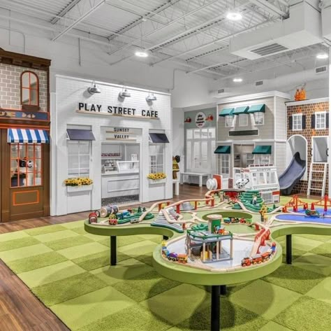 Soft Play Area Aesthetic, Play Cafe Interior Design, Indoor Play Place Ideas, Kids Indoor Playground Business, Cafe With Play Area, Indoor Playground Name Ideas, Town Playroom, Play Cafe Ideas, Luxury Daycare