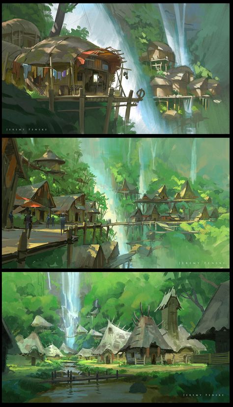 Falls Village by Jeremy Fenske Tropical Village Concept Art, Jungle Village Art, Hateno Village Aesthetic, Swamp Village Concept Art, Jungle Village Concept Art, Pirate Village Concept Art, Swamp Village Fantasy Art, Rainforest Village Concept Art, Tropical Concept Art