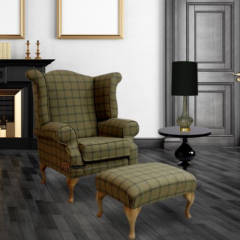 Chesterfield Edward Queen Anne Wool Tweed Althrop Topaz Wing Chair Fireside High Back Armchair + Footstool HI Wing Chair Upholstery, Armchair Footstool, Tartan Chair, Tavern Room, Scottish Interiors, Townhome Decorating, Chesterfield Furniture, Queen Anne Chair, Uncle Mike