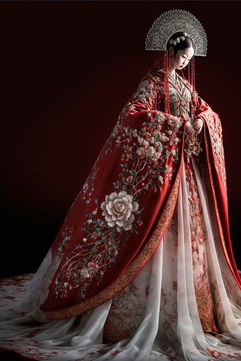 China's stunning red and white Hanfu wedding dress. The cloak is embroidered with translucent crystal, the sparkling pearl crystal shines like a diamond, the phoenix on the skirt is lifelike, there are sparkling pendants on the skirt, and the hem is 2m long. Foreground shot, this is a beautiful, noble, magical, octane rendering 16k with surreal starlight petal background. HD,ureal Royal Chinese Traditional Dress Hanfu, Hanfu Dress Wedding, Ancient Chinese Wedding Dress, China Wedding Dress Traditional, Japanese Wedding Dress Traditional, Korean Wedding Dress Traditional, Hanfu Wedding Dress, Wedding Hanfu, Hanfu Red