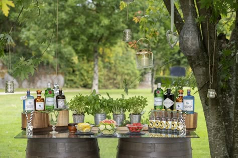 Gin Table at The Johnstown Estate #weddingvenue Gin Station Wedding, Bar Table Party Drink Stations, Gin Bar Wedding Ideas, Gin Table Wedding, Gin Bar Ideas For Home Party, Bar Table Set Up For Party, Gin Table Ideas, Gin Station Ideas, Gin Bar Ideas Parties