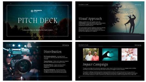 Documentary Pitch Deck Example (4 Slides) Documentary Pitch Deck, Movie Presentation, Film Pitch Deck, Canva Inspiration, Pitch Deck Presentation, Documentary Filmmaking, Presentation Software, Grant Writing, Visual Style