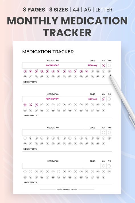 Organize Your Meds: Free Printable Medication Tracker Template Monthly Medication Chart Printable, Bullet Journal Medication Tracker, Month Planner Template, Bullet Journal Finance Tracker, Digital Weekly Planner Templates, Medication Chart Printable, 3 Month Planner, Bullet Journal Year, Goodnotes Monthly Planner