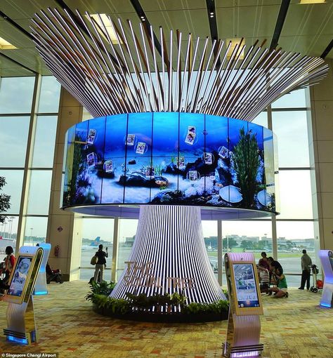 Changi unveiled its first interactive installation in 2013 - the near nine-metre-tall (29ft) 'Social Tree'. The installation allows passengers to share photos and videos of the airport for its memory capsule. It is made up of 64 high-definition, 42-inch screens and the crown of the tree offers a 360-degree display of various animated backgrounds, including a mystical forest and the Singapore skyline Museum Technology, Singapore Changi Airport, Lg Display, Changi Airport, Airport Design, Interactive Installation, 2014 Trends, Exhibition Booth Design, Exhibition Booth