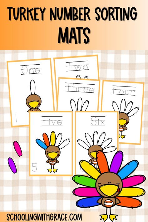 Get ready for some Thanksgiving fun with this hands-on Turkey Number Sorting Mats that’s perfect for your little turkeys in preschool or kindergarten. This activity combines counting, number recognition, and fine motor skills in one festive package. Turkey Numbers Preschool, Turkey Math Activities Preschool, Turkey Math Activities, Turkey Math, Turkey Theme, Shape Activities Preschool, Sorting Mats, Thanksgiving Preschool, Shapes Preschool