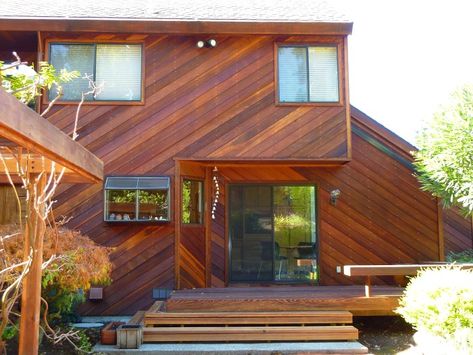 Redwood walls after cleaning and treating Diagonal Wood Siding Exterior, Diagonal Siding Exterior, Redwood Siding Exterior, Redwood Siding, Wood Siding Exterior, Front Wall, Wood Siding, Exterior Ideas, Red House