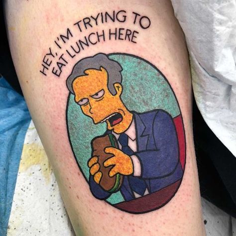 The Simpsons Tattoo © on Instagram: “@shell_valentine_tattoo ‘Billy’s dead...’ #simpsonstattoo #thesimpsonstattoo” The Simpsons Tattoo, Simpsons Tattoo, Mark Tattoo, Epic Tattoo, John Waters, Graffiti Characters, The Simpson, Trade Mark, Cartoon Tattoos