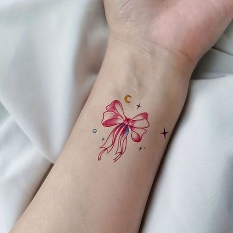 Lip Print Tattoos, Pink Ribbon Tattoos, Tattoo Lace, Butterfly Wrist Tattoo, Small Shoulder Tattoos, Tattoo Mini, Pink Tattoo, Ribbon Tattoos, Bow Tattoo