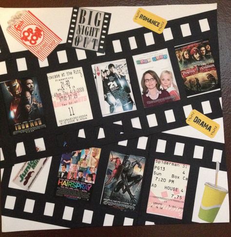 Scrapbook Film Photos, Film Scrapbook Aesthetic, Movie Ticket Scrapbook Page, 365 Days Scrapbook, Movie Themed Scrapbook Page, Movie Themed Scrapbook, Movie Night Scrapbook Page, Cinema Scrapbook Page, Scrapbook Page Themes