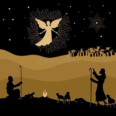 Christmas story. Night Bethlehem. An angel appeared to the shepherds to tell about the birth of the Savior Jesus into the world royalty free illustration Shepherds Christmas, Christmas Stage Decorations, Baby Remembrance, Angel Illustration, Christmas Stage, Murals For Kids, The Savior, Sweet Christmas, Free Illustration