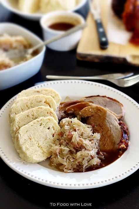 To Food with Love: Vepro-Knedlo-Zelo (Czech Roast Pork with Dumplings and Sauerkraut) Dumplings And Sauerkraut, Bohemian Food, Kolache Recipe, Slovak Recipes, European Dishes, Eastern European Recipes, European Cuisine, Czech Recipes, Roast Pork