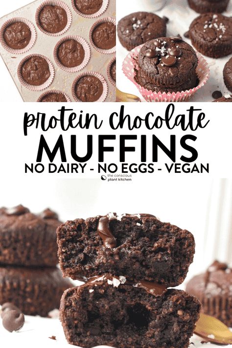 These Chocolate Protein Muffins are healthy chocolate muffins packed with 5 gram protein per serve. They are perfect to fix your chocolate cravings and keep you full for hours. Bonus, these are vegan protein muffins as well, made without eggs, dairy or butter. Vegan Protein Muffins, Chocolate Yogurt Muffins, Healthy Protein Muffins, Protein Powder Muffins, Chocolate Protein Muffins, Healthy Chocolate Muffins, Protein Cupcakes, Dairy Snacks, Dairy Free Frosting