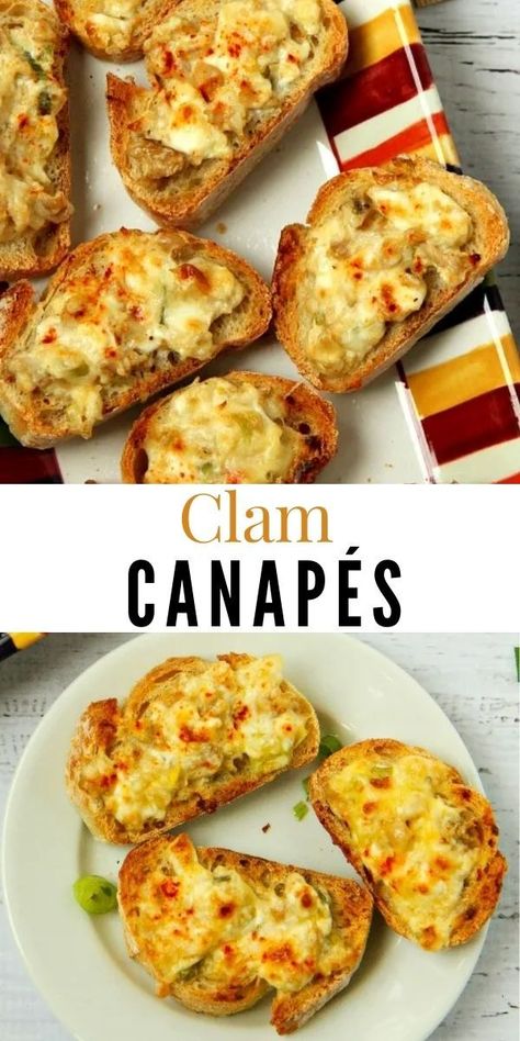 Clam Canapés…an easy to make appetizer recipe with a retro flair for your next cocktail party! Spend your time with your guests rather than in the kitchen…this delicious hors d’oeuvre takes only fifteen minutes to make! Clam Bake Appetizers, Canned Clam Recipes, Clam Appetizers, Clam Dip Recipe, Clam Bake Party, Baked Clams, Clams Recipe, Baked Appetizers, Dip Recipes Appetizers