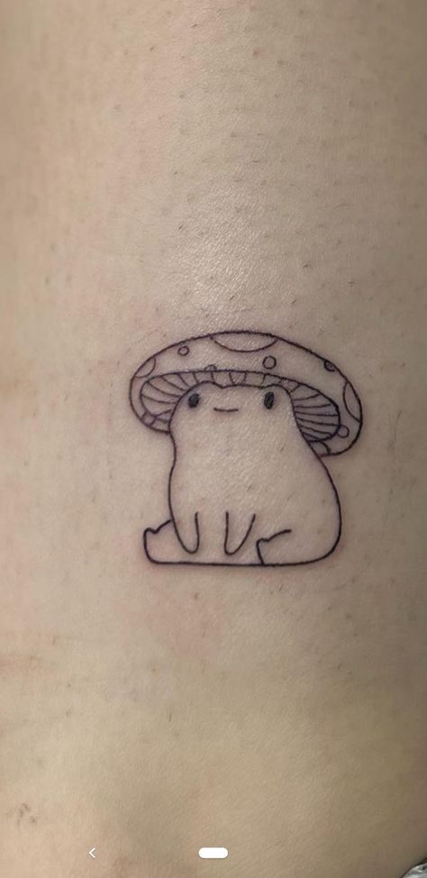 Simple Cartoon Tattoo Ideas, Tattoo Ideas Quirky, Cute Quirky Tattoos, Sleeping Tattoo Ideas, Mushroom Tattoos Cute, Cute And Funny Tattoos, Small Frog Tattoo Simple, Small Tattoo Ideas Men Simple, Silly Tattoos Ideas