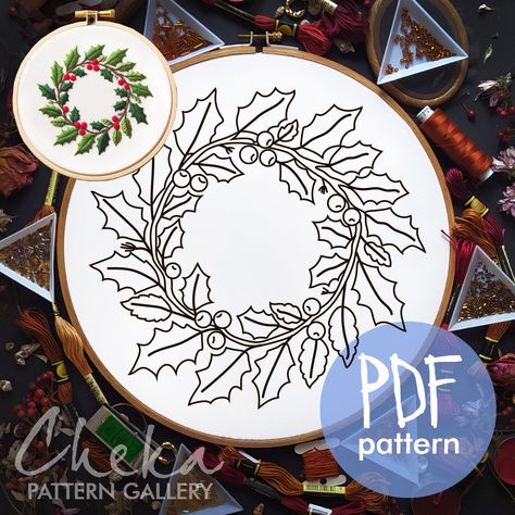 Holly wreath, Christmas embroidery. Pattern for hand embroidery in the form of holly. Floral embroidery, digital download. Christmas decor by ChekaPatternPDF on Etsy Embroidery Christmas Wreath, Holly Leaves Embroidery, Christmas Wreath Embroidery Patterns, Winter Wreath Embroidery, Holly Embroidery Pattern, Embroidered Christmas Wreath Pattern, Holly Wreath, Christmas Embroidery Designs, Types Of Stitches