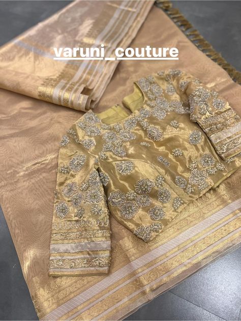 Gold Blouse Embroidery, Gold Tissue Saree Blouse Designs Latest, Gold Tissue Blouse Designs, Gold Blouse Maggam Work, Gold Saree Blouse Design, Gold Blouse Designs, Gold Saree Blouse, Cotton Saree Blouse Designs, New Saree Blouse Designs