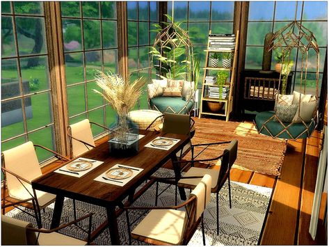 The Sims 4 Dining Room Ideas, Sims 4 Terrace Ideas, Closed Terrace, Sims 4 Dining Room Ideas, Sims 4 Dining Room, Boho Dining Room, Dinner Room, Sims 4 House Design, Small Dining Table