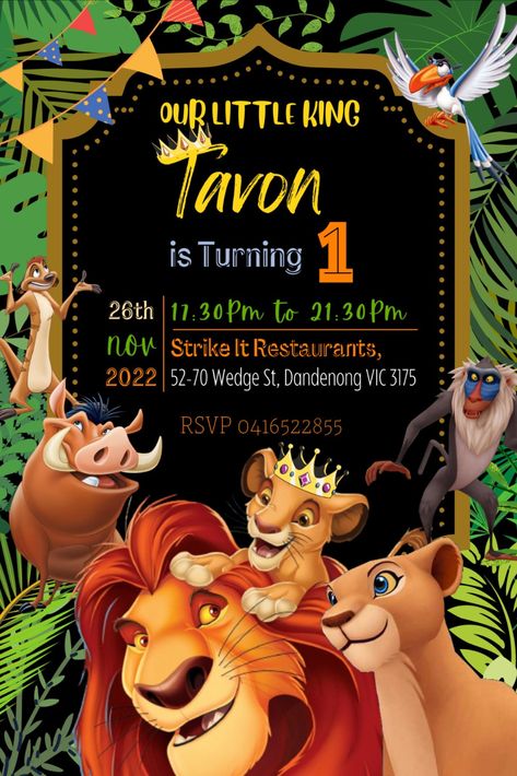 Lion King Birthday Party Invitations, Lion King Invitation, Lion King Birthday Party Ideas, Lion King Theme, Safari Animals Birthday, Lion King Birthday, Boys 1st Birthday Party Ideas, Birthday Banner Design, King Birthday