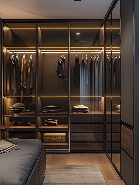 Cabinet Bedroom Closet Design, Smoked Glass Wardrobe, Male Dressing Room, Brown Dressing Room, Dark Wardrobe Aesthetic, Dormer Wardrobe, Black And Wood Closet, Modern Closet Designs Small Spaces, Mens Wardrobe Design