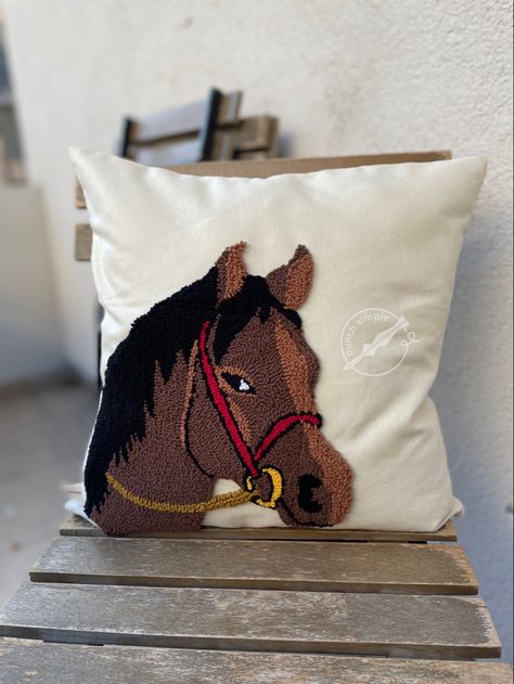 Tufted Pillows, Horse Throw Pillows, Punch Embroidery, Horse Pillow, Rectangle Pillow, Horse Pattern, Punch Needle Embroidery, Hand Embroidery Design Patterns, Vintage Horse