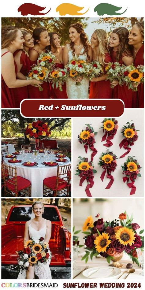 Red And Yellow Wedding Colors, Sunflower And Roses Wedding Decorations, Wedding Color Schemes Sunflowers, Rose And Sunflower Wedding Theme, Sunflower Wedding Theme Rustic, Roses And Sunflowers Wedding, Rustic Sunflower Wedding Decor, Burgundy And Sunflower Wedding, Yellow Red Wedding