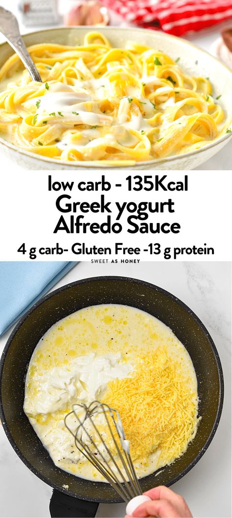 This Alfredo Greek Yogurt Pasta sauce is a lightened-up version of the traditional Alfredo sauce recipe. It's packed with proteins from Greek yogurt, lower in fats and calories but with the same delicious creamy garlic flavors you love. Alfredo Sauce With Greek Yogurt, Healthy Pasta Sauce Recipes Greek Yogurt, Yogurt Pasta Sauce, Protein Sides, Yogurt Alfredo Sauce, Greek Yogurt Pasta Sauce, Traditional Alfredo Sauce, Greek Yogurt Alfredo Sauce, Yogurt Pasta