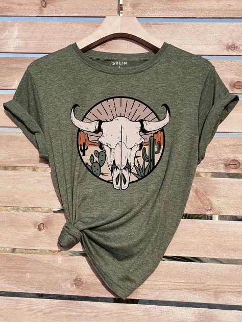 Cattle And Cactus Print Tee Dark Green Casual  Short Sleeve Fabric Cartoon,Plants  Slight Stretch Spring Women Clothing, size features are:Bust: ,Length: ,Sleeve Length: Cowgirl T Shirt, Western T Shirts, Cowboy Vibes, Western Cowgirl Style, Printed Tee Women, Cactus Tshirt, Western Wear Outfits, Nashville Outfits, Western Style Outfits