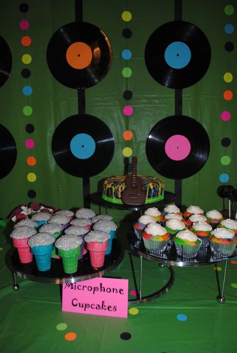 Rock n Roll Birthday Party Ideas | Photo 9 of 27 | Catch My Party Rock N Roll Birthday Party, Microphone Cupcakes, Rock N Roll Birthday, Rock And Roll Birthday Party, Tiktok Party, 90 Birthday, Rock And Roll Birthday, Music Theme Birthday, Rock Star Birthday