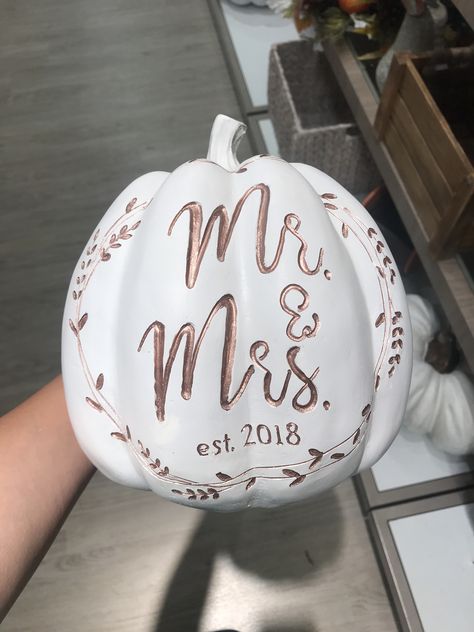 Mr & Mrs Pumpkin. White and Rose Gold. At Home Goods. Mr And Mrs Pumpkins, White Pumpkin Wedding, White Pumpkins Wedding, Pumpkins Wedding, Fall Planning, Gold Pumpkin, Pumpkin Wedding, Gold Pumpkins, Wedding Numbers