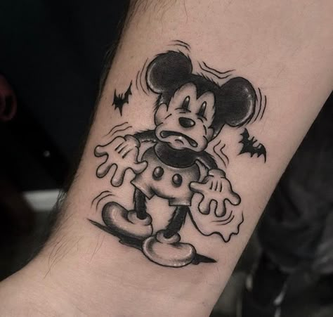 Tattoo Ideas Spooky, Dark Disney Tattoos Sleeve, Disney Halloween Tattoo Flash, Halloween Mickey Tattoo, Alternative Disney Tattoo, Goth Disney Tattoo, Disney Halloween Tattoos, Spooky Disney Tattoo, Evil Mickey Mouse Tattoo