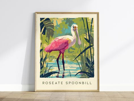 Roseate Spoonbill Art, Old Florida Decor Interior Design, Bird Poster Design, Vintage Florida Decor, Old Florida Decor, Florida Birds, Wildlife Poster, Florida Landscape, Florida Decor