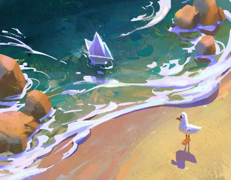 Painting Waves, The Art Showcase, Art Showcase, Wave Illustration, Beach Illustration, The Encounter, Animation Background, Art And Illustration, Environment Concept Art