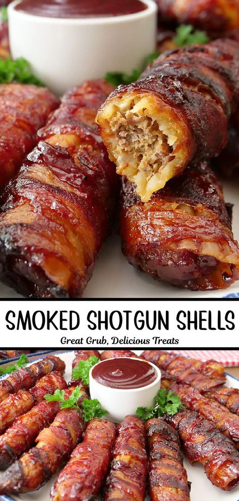 A double photo collage of barbecued shotgun shells on a white plate with a small bowl of barbecue sauce in the middle. Smoked Beef Appetizer, Smoker Accessories Gifts, Trailer Park Trash Party Food, Appetizers On The Smoker, Smoked Shotgun Shells, Hillbilly Food, Smoked Appetizers, Manicotti Shells, Breakfast Shot