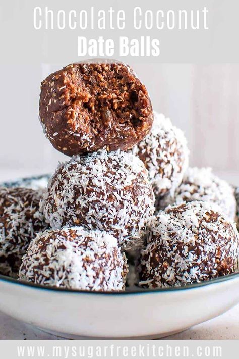 Chocolate Coconut Date Bliss Balls are sweet and chewy and made with just 5 ingredients. Dates, coconut, peanut butter, oats & unsweetened cocoa powder. Freezer friendly or they keep fresh in the fridge for 7 days. #blissballs #chocolateballs #dateballs Date And Cocoa Energy Balls, Chocolate Peanut Butter Date Balls, Coconut Cocoa Balls, Oat Bliss Balls, Date Bliss Balls, Chocolate Bliss Balls, Date Peanut Butter Balls, Dates And Peanut Butter Healthy Snacks, Date Chocolate Balls