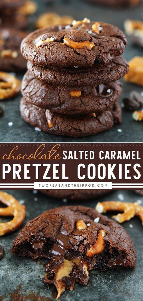 Cheat Desserts, Chocolate Pretzel Cookies, Creative Deserts, Caramel Pretzel Cookies, Chocolate Caramel Cookies, Salted Caramel Pretzels, Pretzel Cookies, Salted Caramel Cookies, Shortbread Biscuits