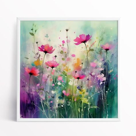 Wildflower Meadow Painting, Abstract Colourful Botanical Art Prints, Abstract Mixed Media Flower Art, Extra Large Painting, Wall Art - Etsy UK Flower Meadow Painting, Generative Kunst, Watercolor Art Inspiration, Wildflower Painting, Painting Colourful, Meadow Painting, Wildflower Paintings, Flower Meadow, Botanical Art Prints