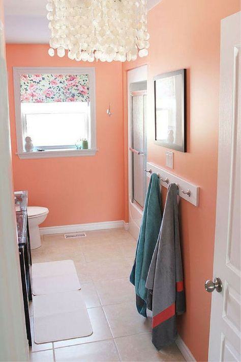 PPG Coral Serenade Coral Bathroom, Bathroom Wall Colors, Peach Bathroom, Orange Bathrooms, Bright Bathroom, Bathroom Paint, Bathroom Color Schemes, Bad Inspiration, Bathroom Paint Colors