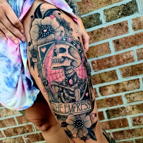 Black And Pink Sleeve Tattoo, Halloween Tattoo Thigh, Leg Sleeves For Females Color, Leg Tattoos Women Cover Up, Witchy Tattoo Ideas Thigh, Colorful Leg Tattoos For Women, Spooky Thigh Tattoos Women, Color Thigh Tattoos Women, Thigh Tattoo Cover Up Ideas