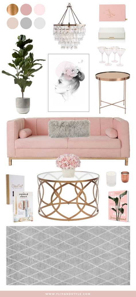 Blush, Copper and Grey Home Decor | Interior inspiration for a living room space | interior design + decor | www.flipandstyle.com Pink Furniture, Decorating Advice, Grey Home Decor, Design Salon, Beige Sofa, Trendy Living Rooms, Space Interiors, Living Room Spaces, Design Del Prodotto